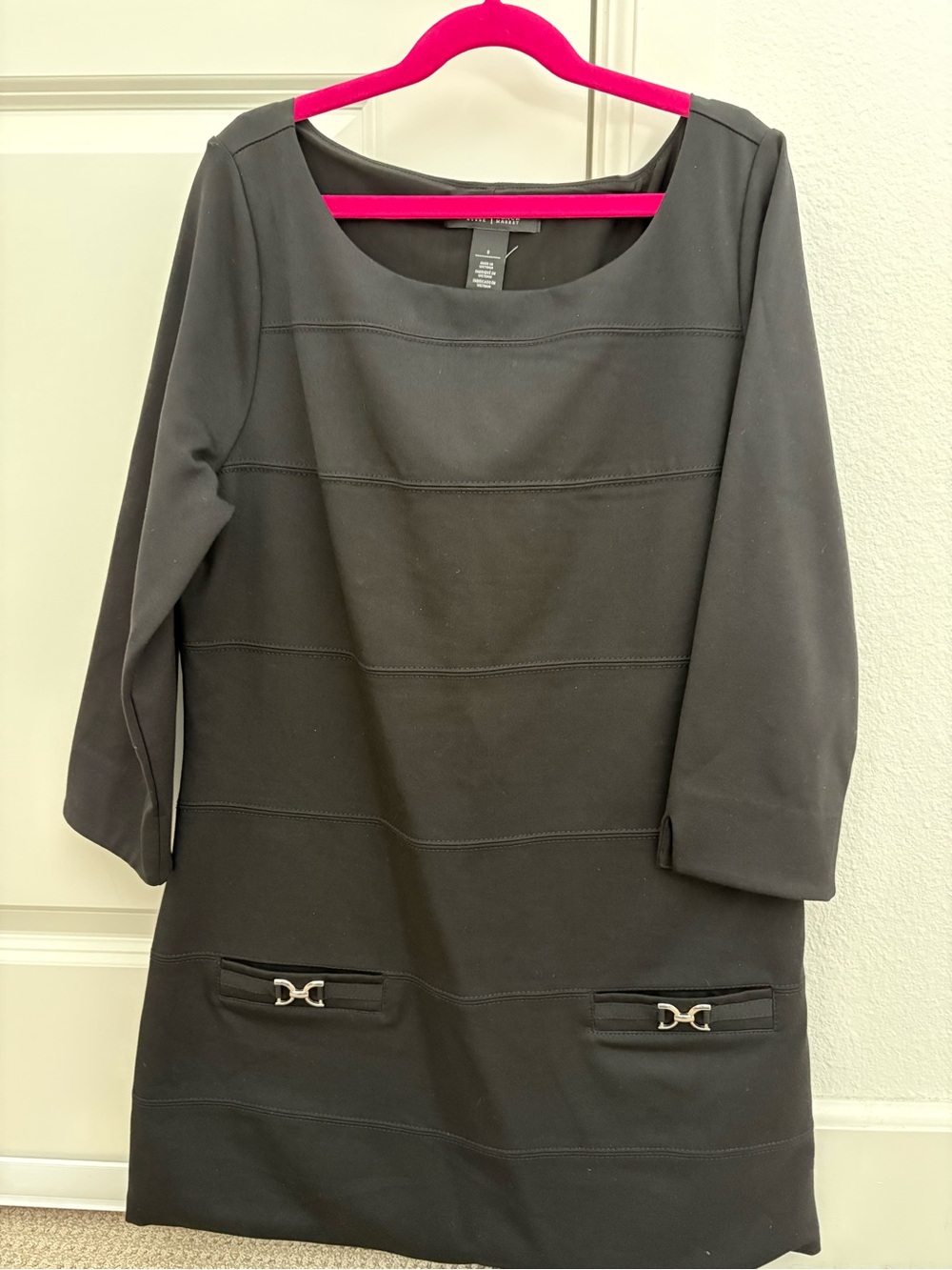 Ann Taylor Black Long Sleeve Ponte Shift Dress with Metal Pocket Accents